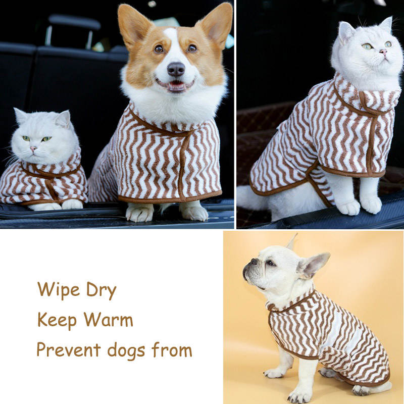 Dog Bathrobe Microfibre Fast Drying Towel Adjustable Collar Waist-Zebra Brown