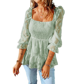 Womens Floral Textured Square Neck Ruffle 3/4 Sleeve Peplum Top Blouse-Green