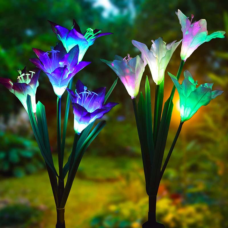 2 Pack Garden Lily Flower Light Outdoor Color Changing LED Solar Decorative Lights for Garden Patio Backyar -Purple White