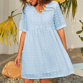 Womens Summer Short Sleeve V-neck Dress Swiss Dot A Line Dresses-LightBlue