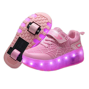 Double Wheel Roller Skate Shoes Light Up Sneakers for Boys Girls-Pink