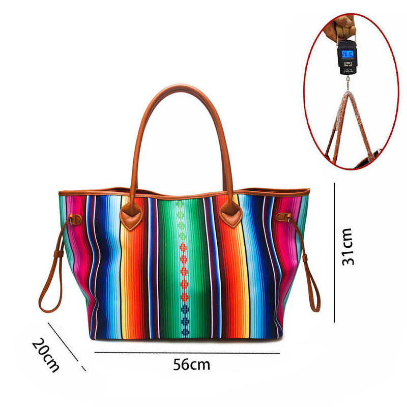 Striped Print Large Capacity Tote Bag PU leather Shopping Bag-ColorfulStripes