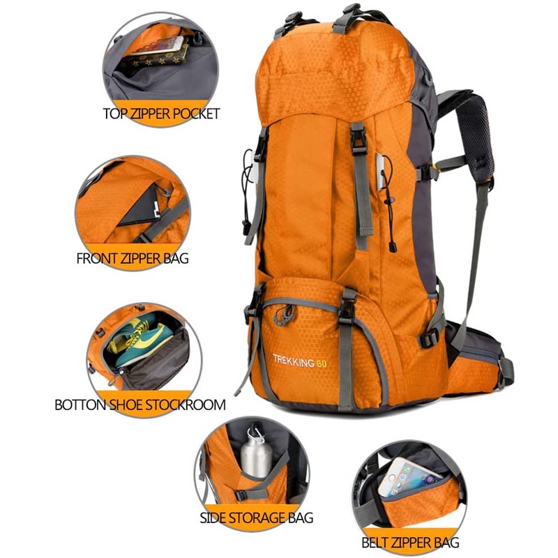 60L Waterproof Lightweight Hiking Backpack with Rain Cover for Climbing Camping-Gold