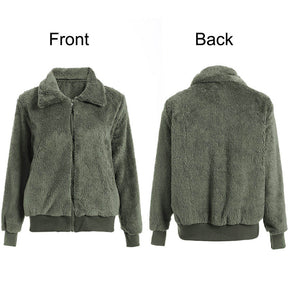 Womens Sherpa Fleece Jackets Lapel Zip Up Winter Warm Crop Outwear-ArmyGreen