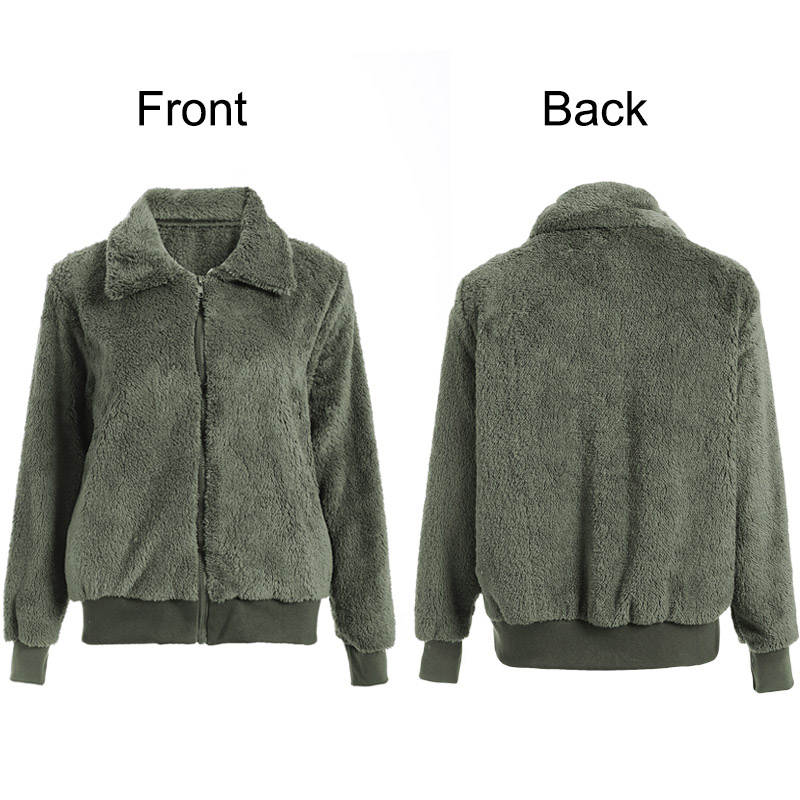 Womens Sherpa Fleece Jackets Lapel Zip Up Winter Warm Crop Outwear-ArmyGreen