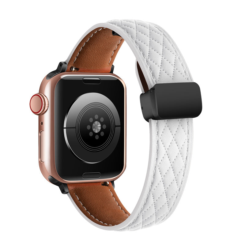 Vintage Leather Band Folding Buckle Replacement Strap for Apple Watch-White