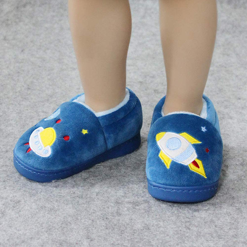 Boys Girls Warm Slippers Cartoon Kids Winter Indoor Household Shoes-Blue