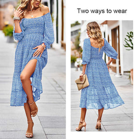 Women Casual Summer Dresses Square Neck Ruffle Floral Boho Maxi Dress-Blue
