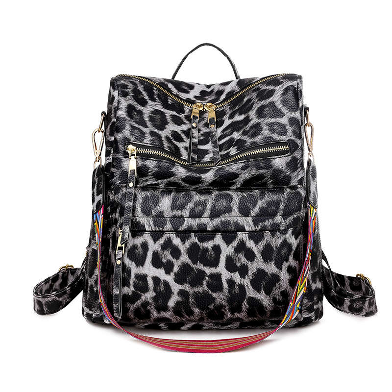 Fashion Backpack Multipurpose Print Leather Travel Shoulder Bag-Leopard Grey