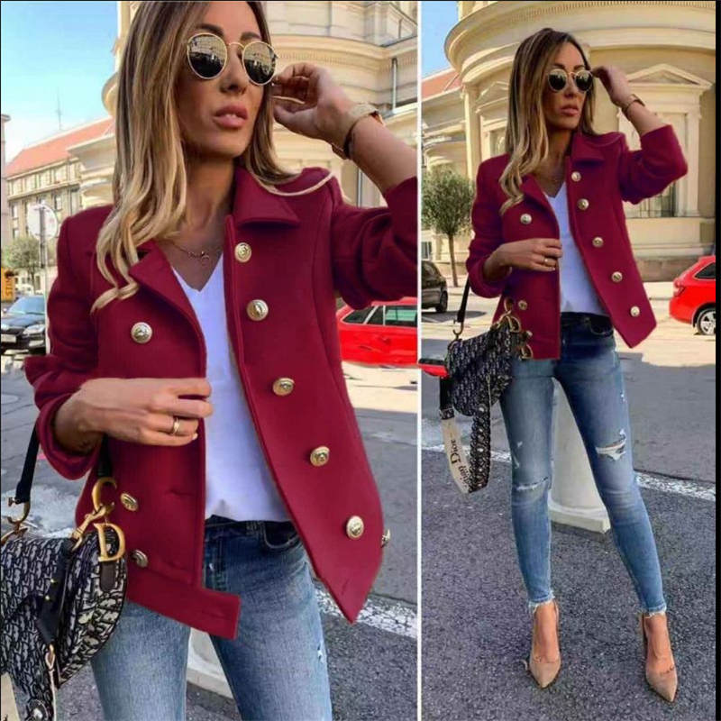 Womens Peacoat Double Breasted Lapel Casual Cropped Jackets Winter-Wine Red