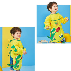 Kids Art Smocks Long Sleeve Painting Aprons with Pockets-Yellow Dinosaur