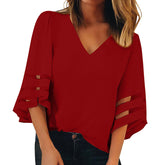 Womens V Neck 3/4 Sleeve Blouse Mesh Panel Shirt Solid Flowy Loose Top-703