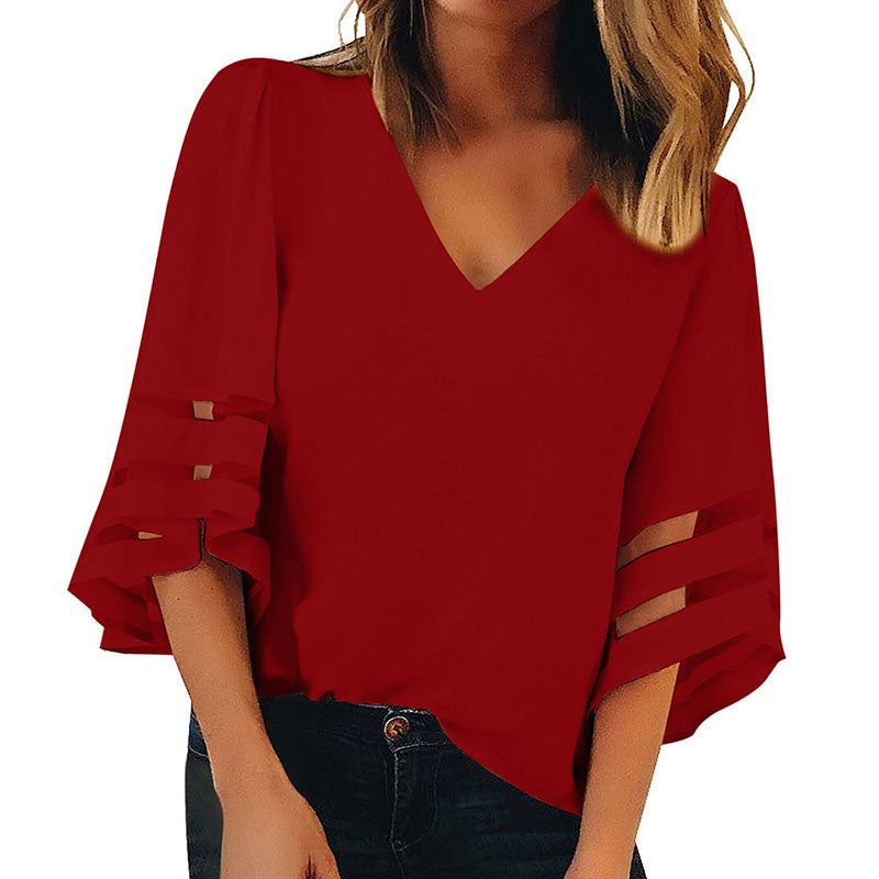 Womens V Neck 3/4 Sleeve Blouse Mesh Panel Shirt Solid Flowy Loose Top-703