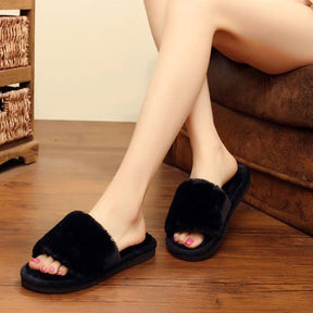 Womens Fuzzy Slippers Open Toe Cozy Memory Foam Sandals-Furry Black