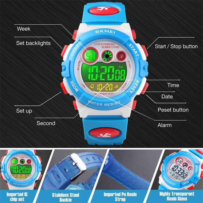 Kid Waterproof Electronic Multi Function Outdoor LED Watches-WhiteBlue