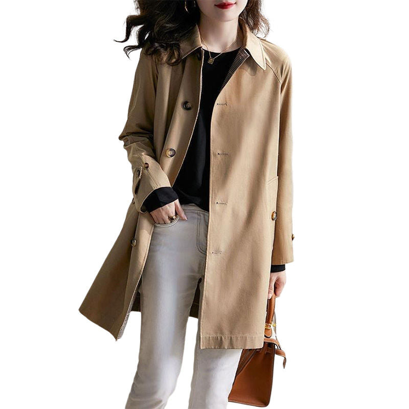 Womens Trench Lapel Single Breasted Mid Long Outwear Winter Coat-NavyBlue
