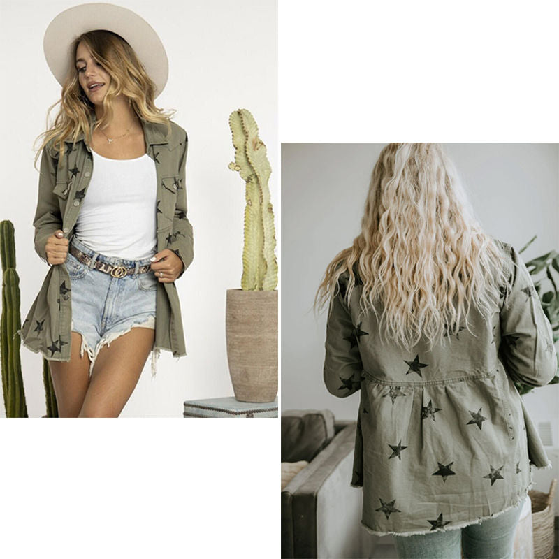 Star Print Jacket for Women Frayed Hem Distressed Denim Coat-Green