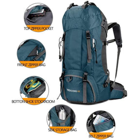 60L Waterproof Lightweight Hiking Backpack with Rain Cover for Climbing Camping-Blue Green