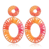 Raffia Tassel Hoop Drop Earrings for Women Girls-Pink