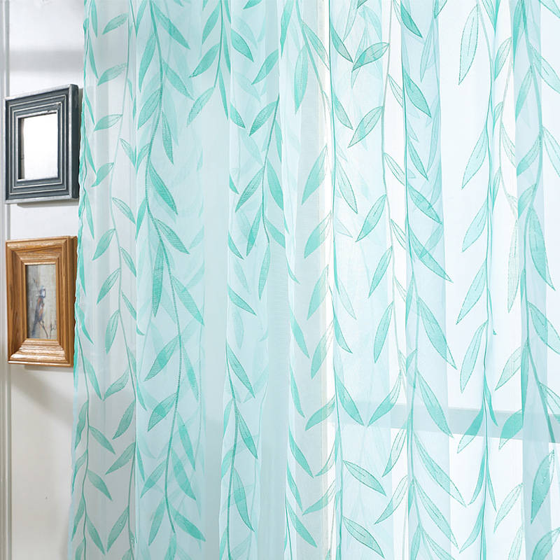 2 Panels Leaves Embroidered Sheer Rod Pocket Drapes For Living Room-Blue