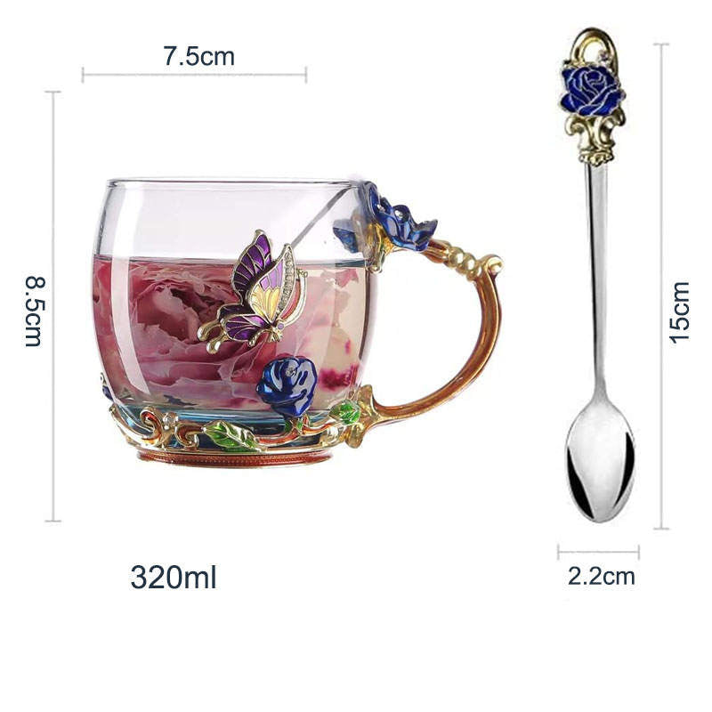 2Pack Enamels Butterfly Flower Tea Cup with Spoon Gifts for Women Wife Mom Her-Blue