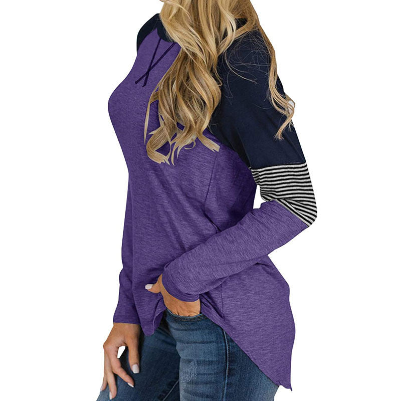 Womens Color Block Round Neck Tunic Top Casual Long Sleeve Shirt-Purple