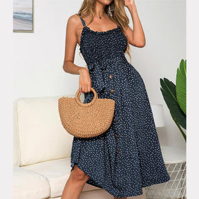 Womens Summer Suspenders Ruffle Polka-dot Printed Dress-DarkBlue