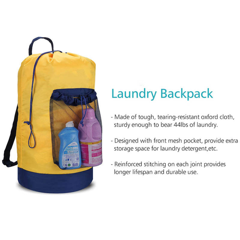 Backpack Laundry Bag With Shoulder Straps And Mesh Pocket Durable Nylon Clothes Bag for College Travel Laundromat -Yellow