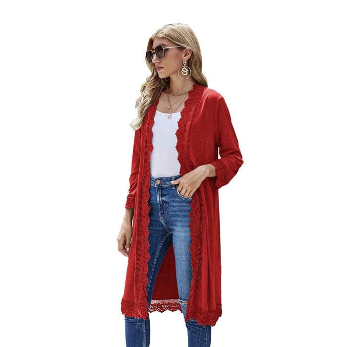 Women's 3/4 Sleeve Lace Flower Trim Casual Long Cardigan Cover Up Loose Blouse Knitting Outerwear-Red Wine