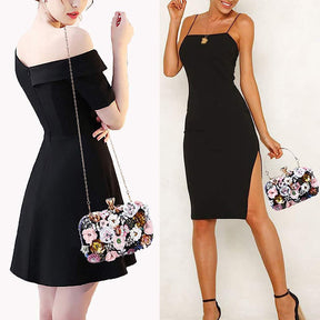 Colorful Floral Clutch Evening Bags for Women Beaded Purse Prom Handbag-Black
