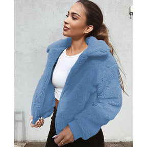 Womens Sherpa Fleece Jackets Lapel Zip Up Winter Warm Crop Outwear-Blue