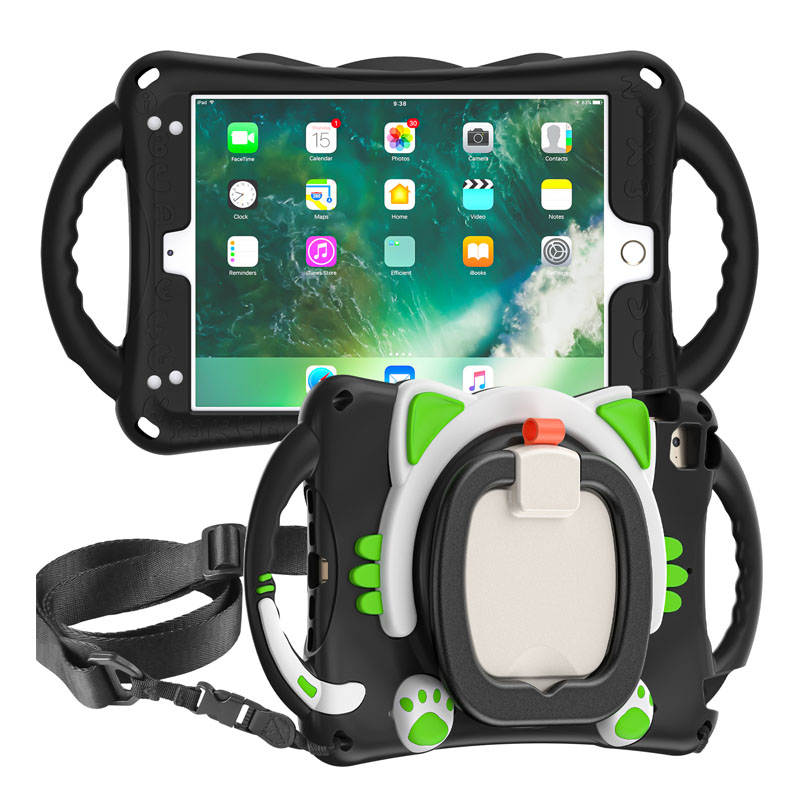 CatB Silicone Case For iPad Mini 5 4 3 2 1 Shockproof Shoulder Strap Handle Stand-Black Green