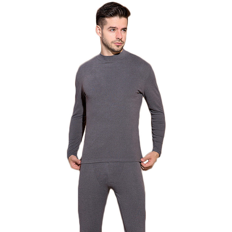 Mens Soft Thermal Underwear Set Plush Lined Half Turtleneck-Gray