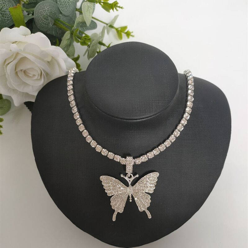 Sparkly Butterfly Rhinestone Pendant Necklaces for Women and Girls-Silver