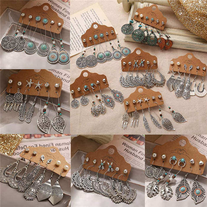 36 Pairs Fashion Hollow Drop Dangle Earrings Set Bohemian National Style Eardrop With Bronze-Silver Series