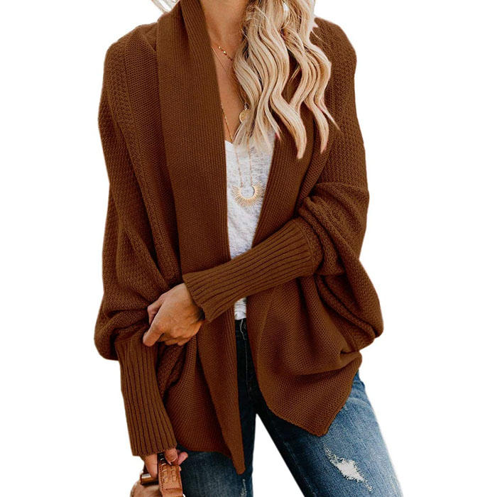 Women's Batwing Knitted Oversized Slouchy Solid Cardigan Sweater Knit Outwear-Brown