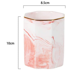 Ceramic Desk Pen Holder Stand Marble Pattern Pencil Cup Pot Desk Organizer Makeup Brush Holder -Pink