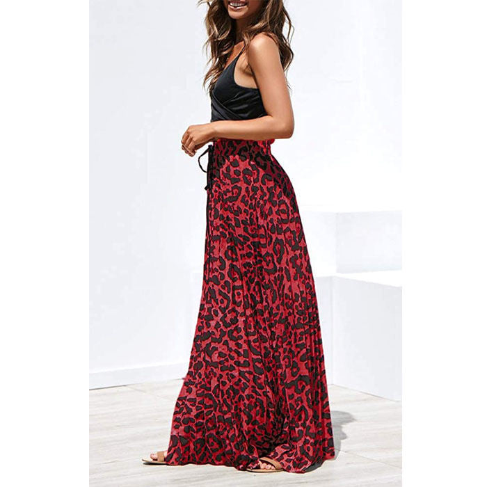 Women's Gold Velvet Fashion Leopard Printing Maxi Skirt High Elastic Shirring Waisted Dress-Red