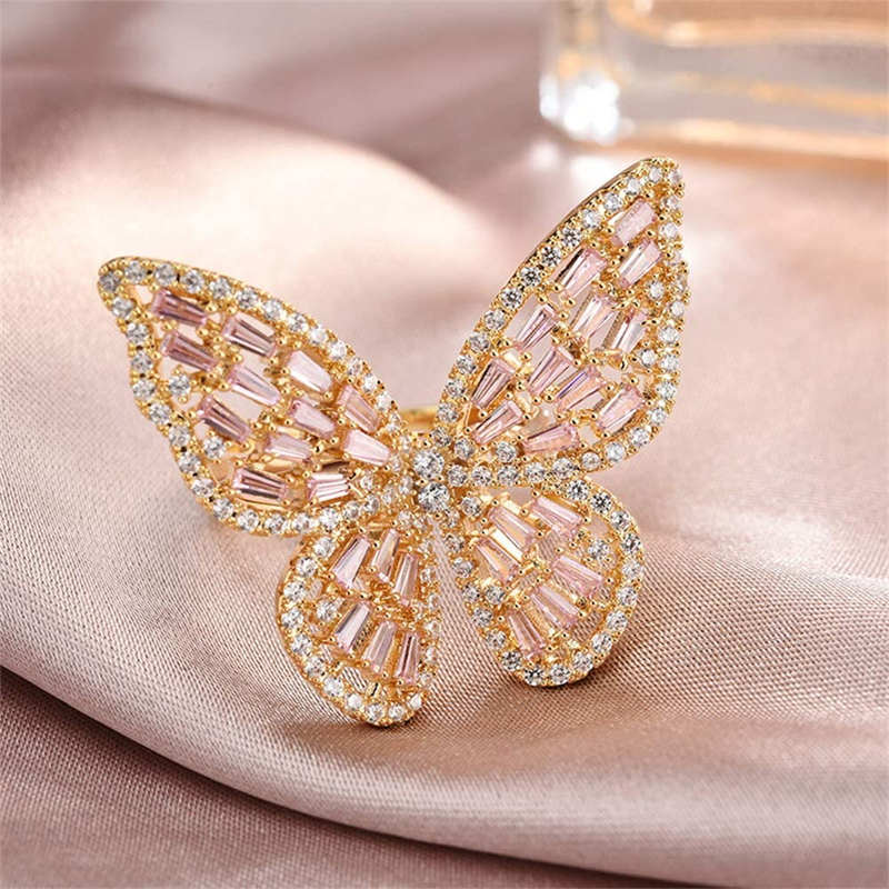 Cubic Zirconia Sparkling Butterfly Knuckle Ring-Pink