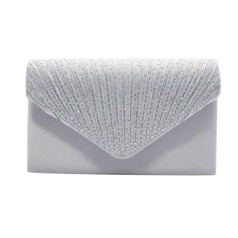 Ladies Frosted Satin Evening Clutch Rhinestones Crossbody Bag-White