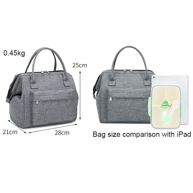 Large Capacity Bento Lunch Bag Simple Insulated Zipper Tote Bag-Grey