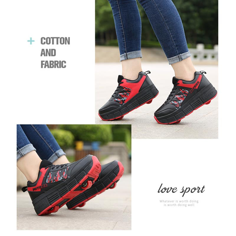 Childrens Roller Skate Shoes Sneaker with Double Wheel-918 Black Red