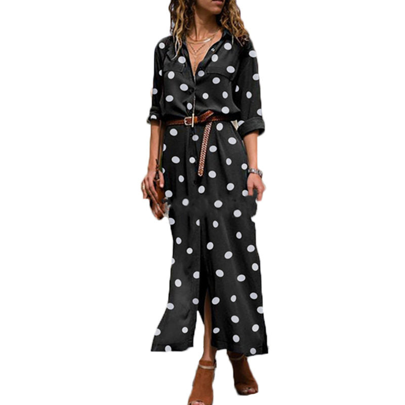 Ladies Polka Dot Long Sleeve Vertical Collar Shirt Dress-Black