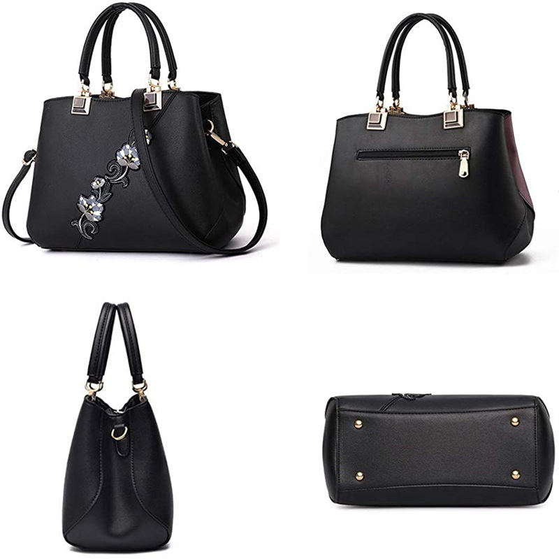 Embroidered Women Top Handle Satchel Fashion Shoulder Bags-Black