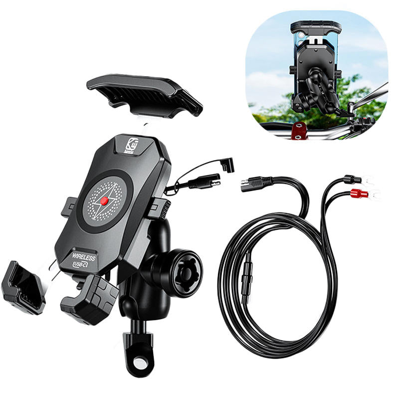 Anti-Theft Motorcycle Wireless Phone Mount Charger Works with 12V/24V Vehicle-Rearview Mirror