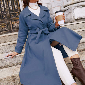 Lookbook Womens Elegant Woolen Coat Mid Length Trench Jacket with Belts-Blue