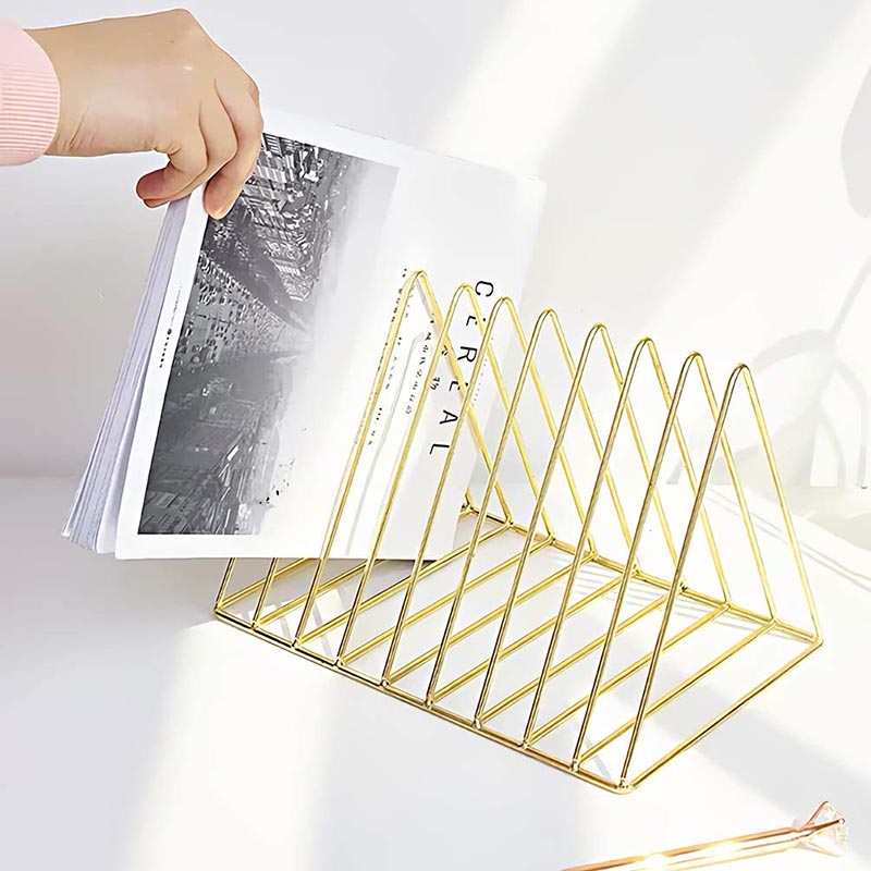 Files Folder Stand Desktop File Organizer Triangle Wire Magazine Holder Book Shelf 9 Slot File Sorter for Indoor Office Home -Gold