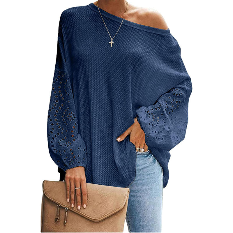 Womens Off Shoulder Tops Waffle Knit Lantern Long Sleeve Pullover-Blue