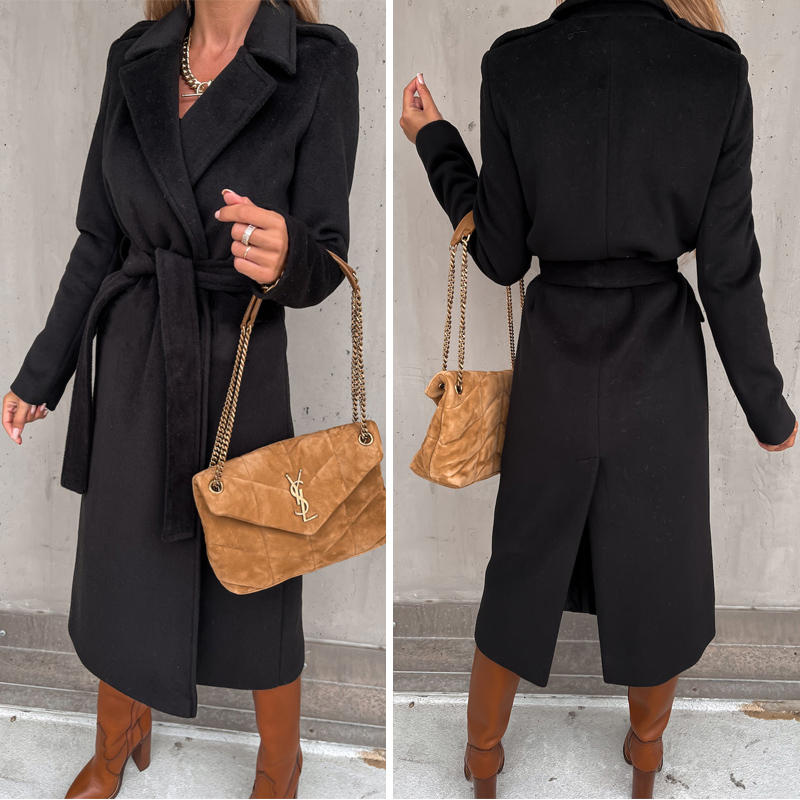 Womens Trench Coats Lapel with Tie Belt Fashion Winter Long Outwear-Black