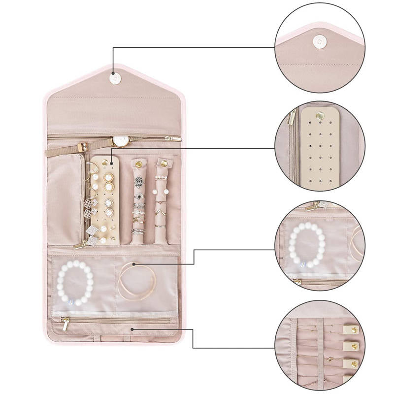 Travel Jewelry Organizer Roll Foldable Jewelry Case for Rings Necklaces - Pink